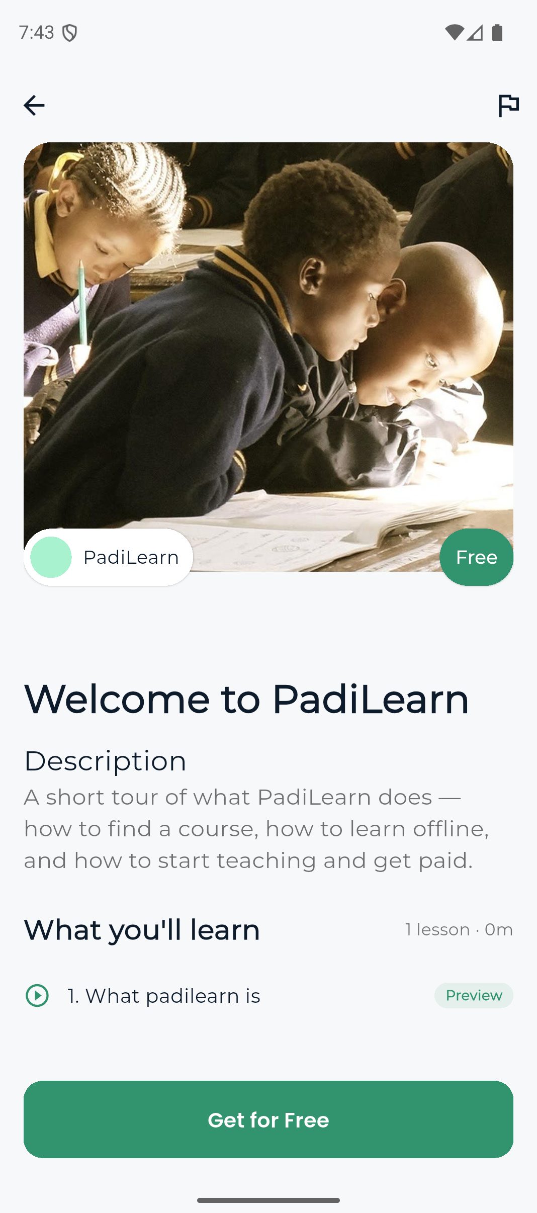 A course page in PadiLearn, with its description and lessons