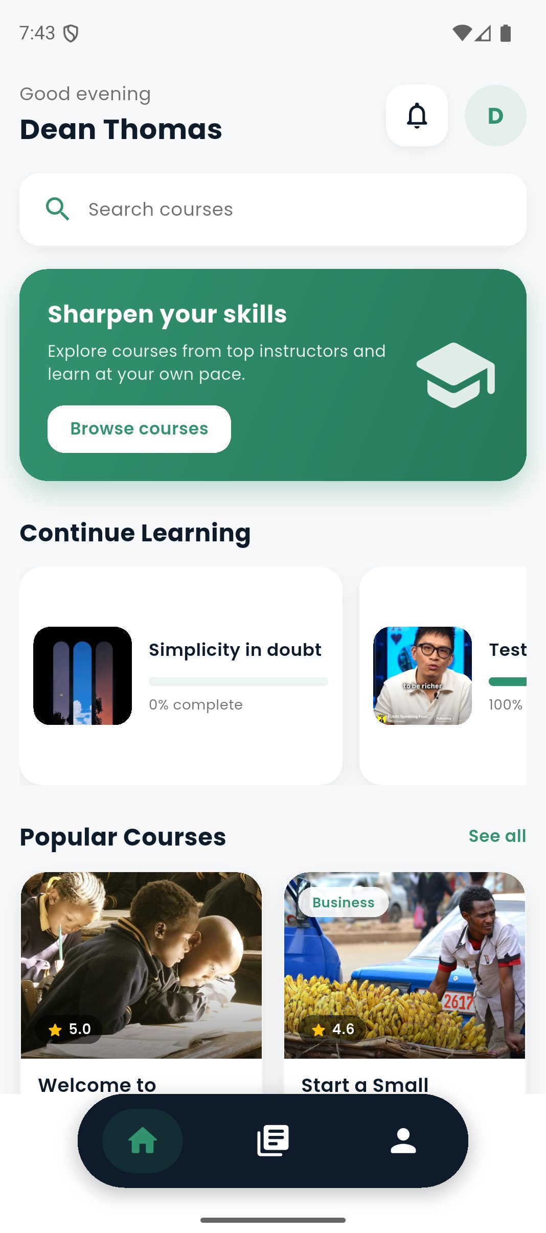 The PadiLearn home screen, showing courses to continue and popular courses