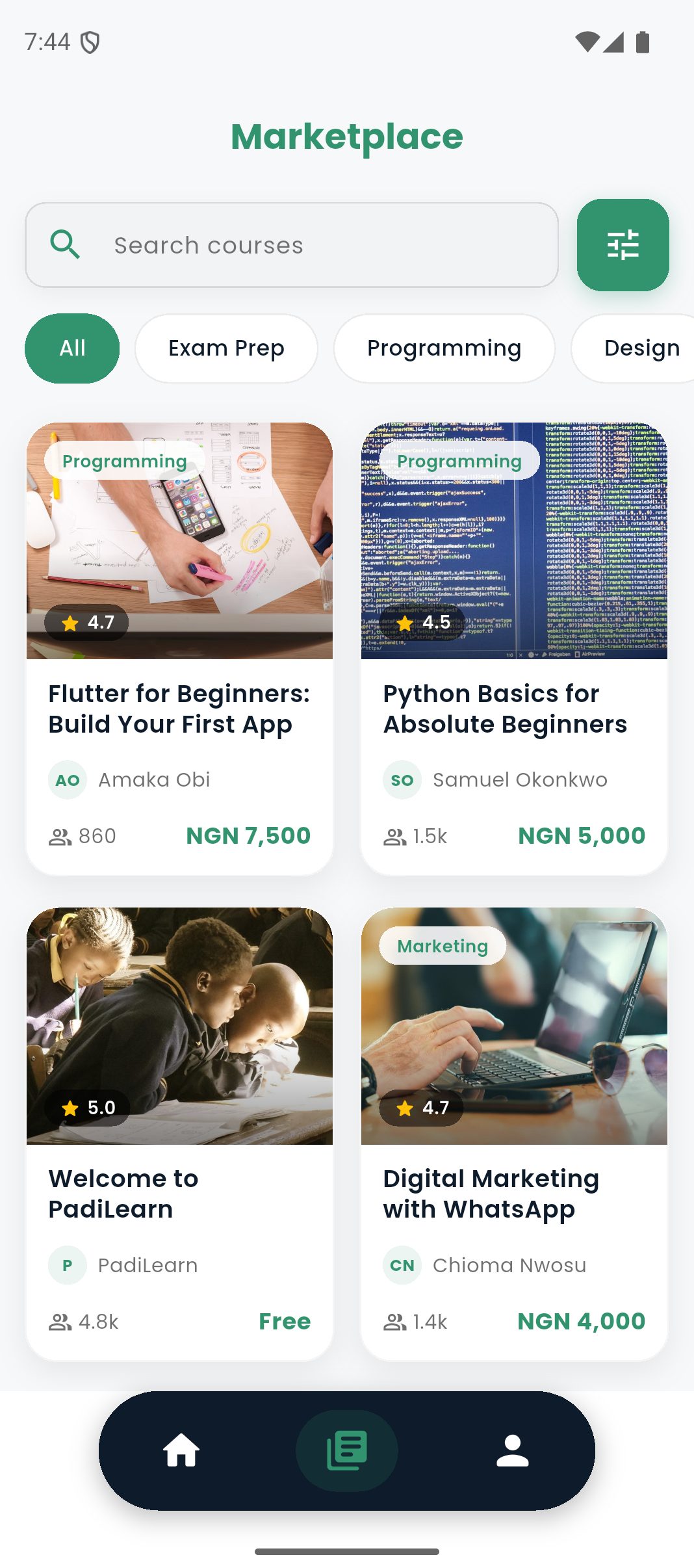 The PadiLearn marketplace, with courses filtered by category
